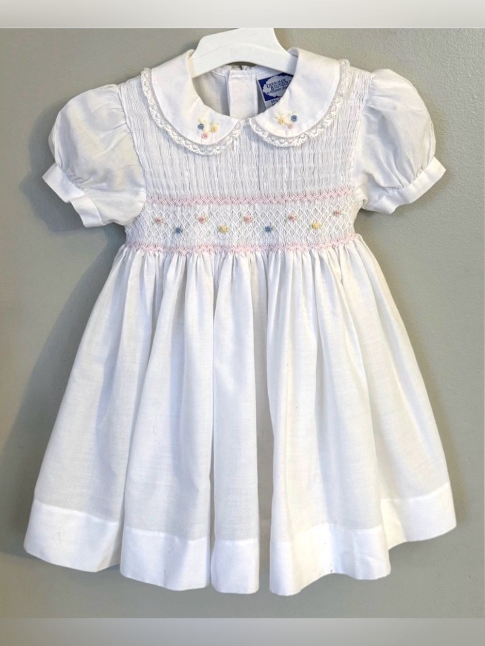 Carriage Boutiques Dress 18M Vintage Heirloom Smocked White Toddler Lace Sash